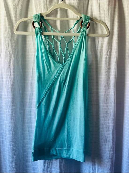 YMI Tops - Turquoise Aqua Macramé-Back Tank with Wooden Ring Accents